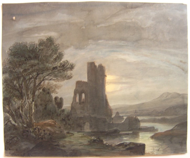 Landscape at night with monestry in ruins. Rigalt i Farriols, Lluís. Circa 1850
