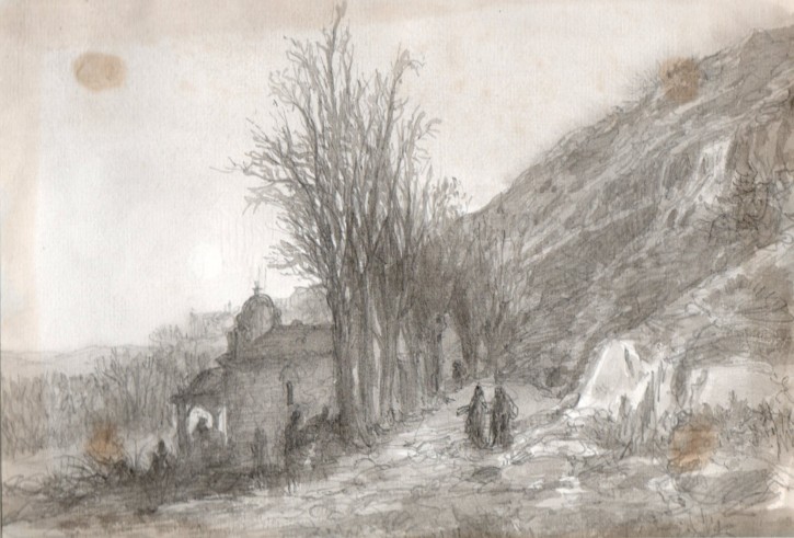 Camino arbolado y ermita. Rigalt i Farriols, Lluís. Circa 1875