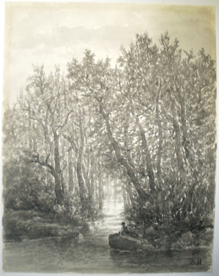 Paisaje de río con figuras. Rigalt i Farriols, Lluís. 1891