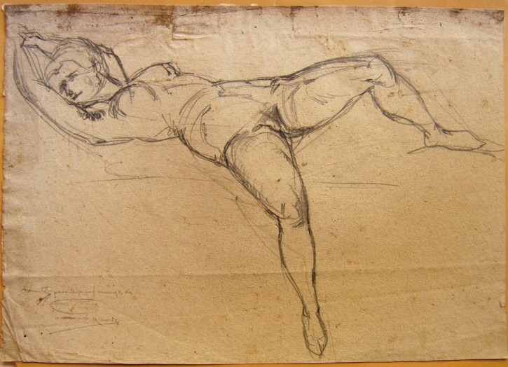 Dibujo pornográfico. Mujer estirada. Martí Alsina, Ramón. Circa 1870