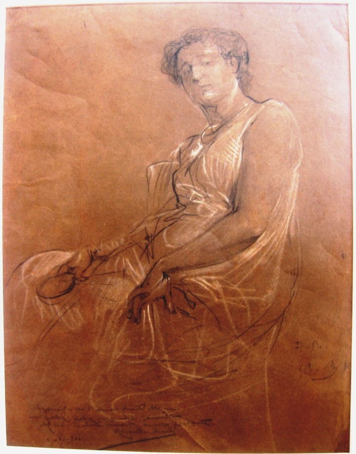 Dibujo de la modelo Dolores Oliva sentada. Martí Alsina, Ramón (1826-1894). Circa 1878-1882