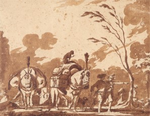 Company with horses, dogs and a monkey