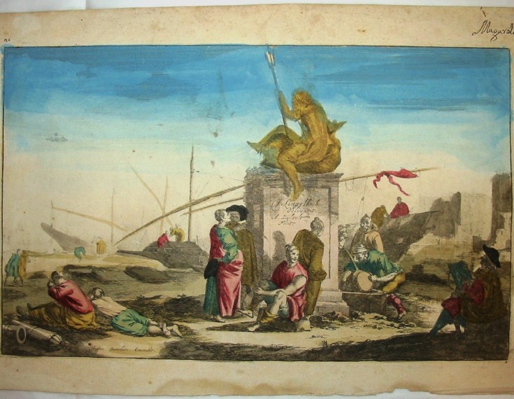Sin título (Puerto con escultura de Neptuno).. Zÿlvelt, Antony van - Lingelbach, Johannes - Danckers, Justus. Segunda mitad siglo XVIII. Precio: 350€