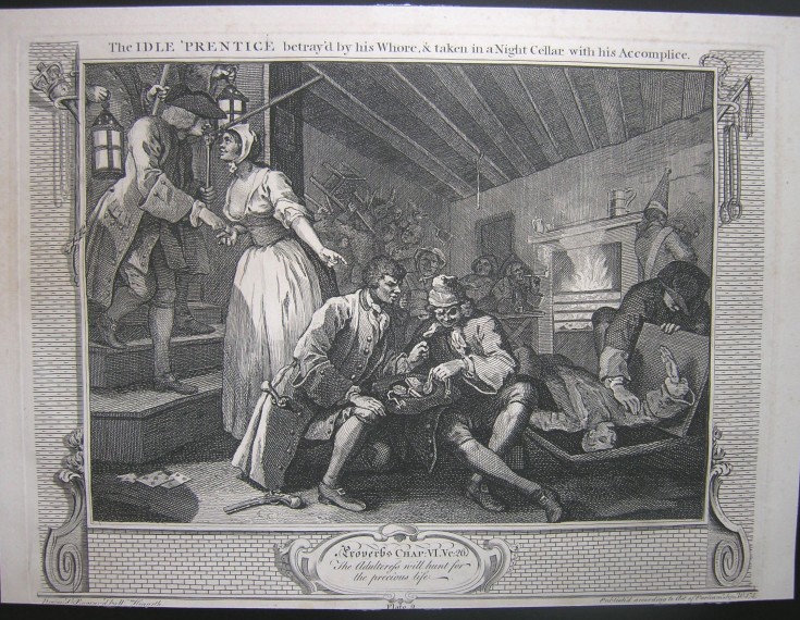 El aprendiz perezoso, delatado por la prostituta y sorprendido en un sótano con su cómplice. Hogarth, William (1697-1764) - Boydell, John y Joshia. 1747. Edición de John y Joshia Boydell, 1790-1810