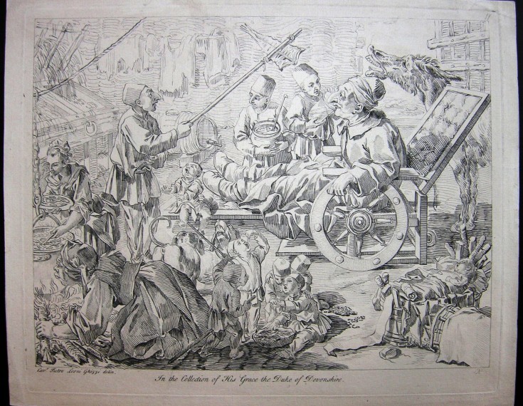 "Family with servants enjoying of a meal". Pond, Arthur - Ghezzi, Pietro Leone. Second third 18th century. Precio: 400€
