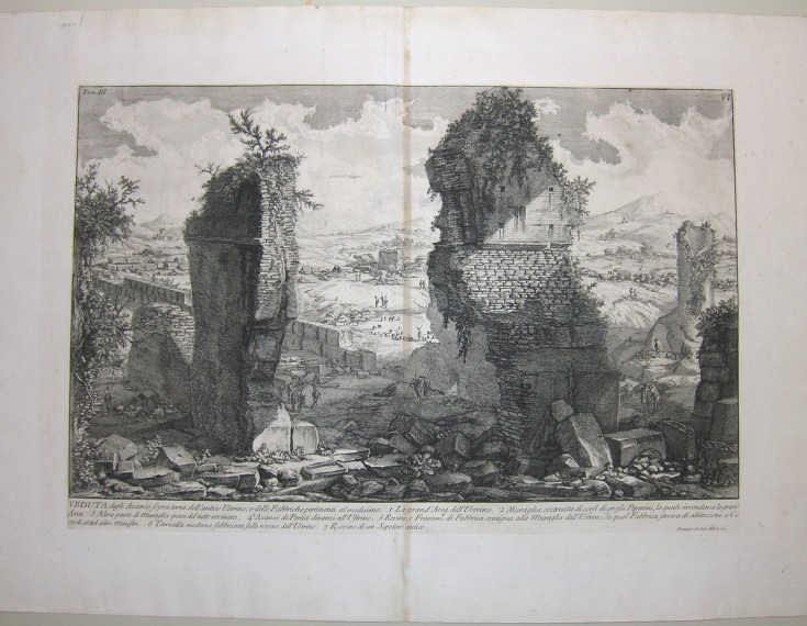Vista de las ruinas visibles del antiguo crematorio. Piranesi, Giovanni Battista - Rotilij, Angelo. Circa 1790. Precio: 1.000€