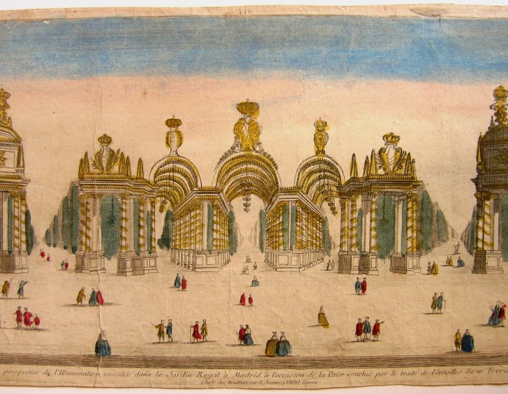 Décoration perspective de l’Illumination executé dins le Jardin Royal à Madrid à l’occasion de la Paix conclue par le traité de Versailles du 10 Fevrier 1763.