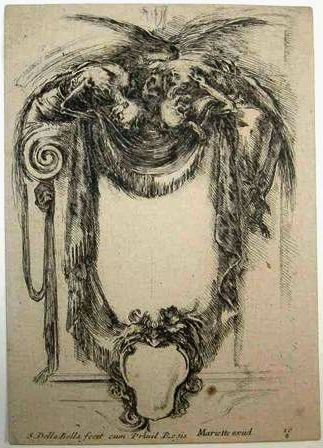 Sin título. Cortinaje en forma de drapería con esqueletos. Della Bella, Stephano - Mariette, Pierre. 1647. Precio: 350€