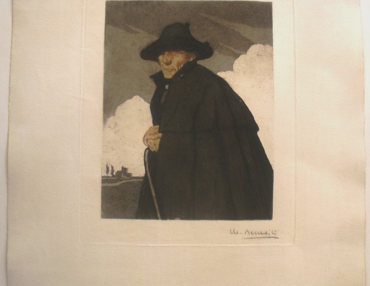Viejo con capa, gorra y bastón. Benedito Vives, Manuel. 1927