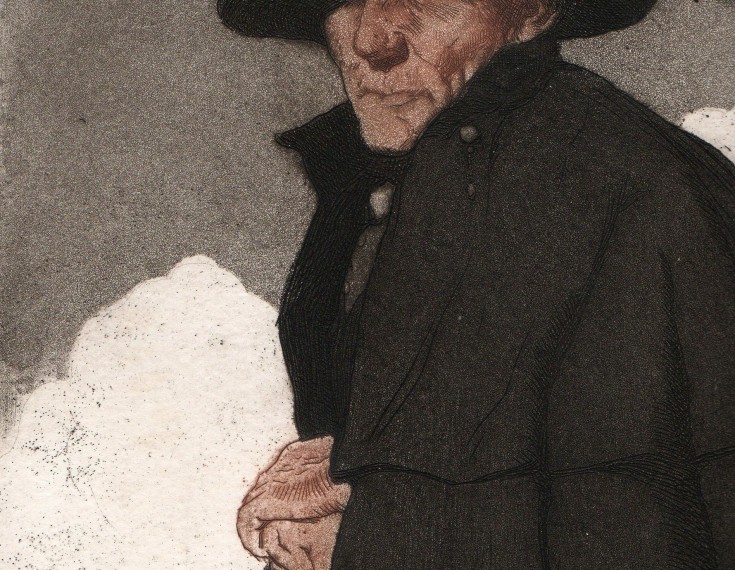 Viejo con capa, gorra y bastón. Benedito Vives, Manuel. 1927