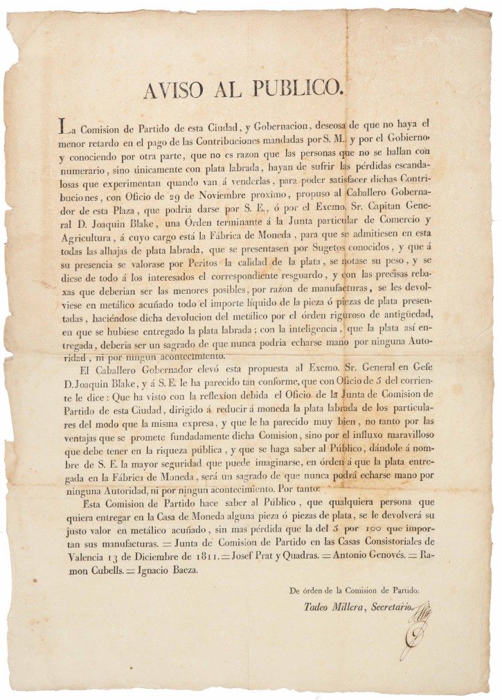 Official Government document requesting citizen collaboration for the manufacture of currency. . 1811. Precio: 50€