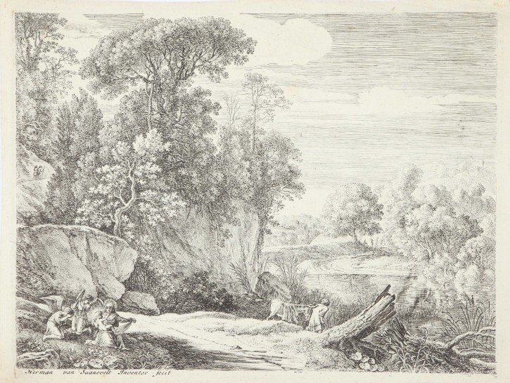 Huida a Egipto con el burro dirigiéndose al río. Van Swanevelt, Herman (1603/4-1655). Circa 1630. Precio: 350€