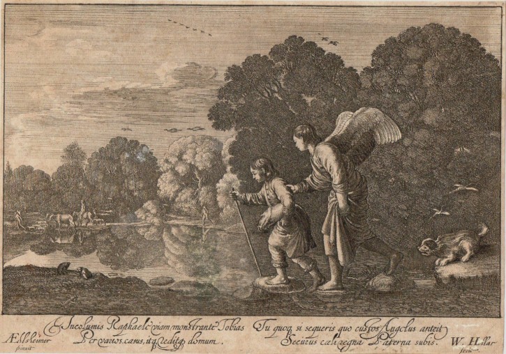 El Arcángel Rafael guía a Tobías a travesar el Tigris. Elsheimer, Adam - Prachma Hollar, Wenzel von. Mediados siglo XVII