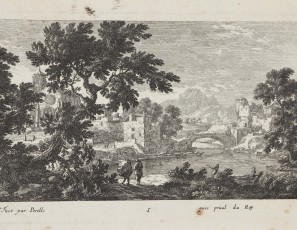 Landscape of a village, church and figures