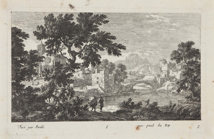 Paisaje de pueblo, iglesia y figuras. Pérelle, Gabriel (1604-1677). Mediados siglo XVII. Precio: 250€