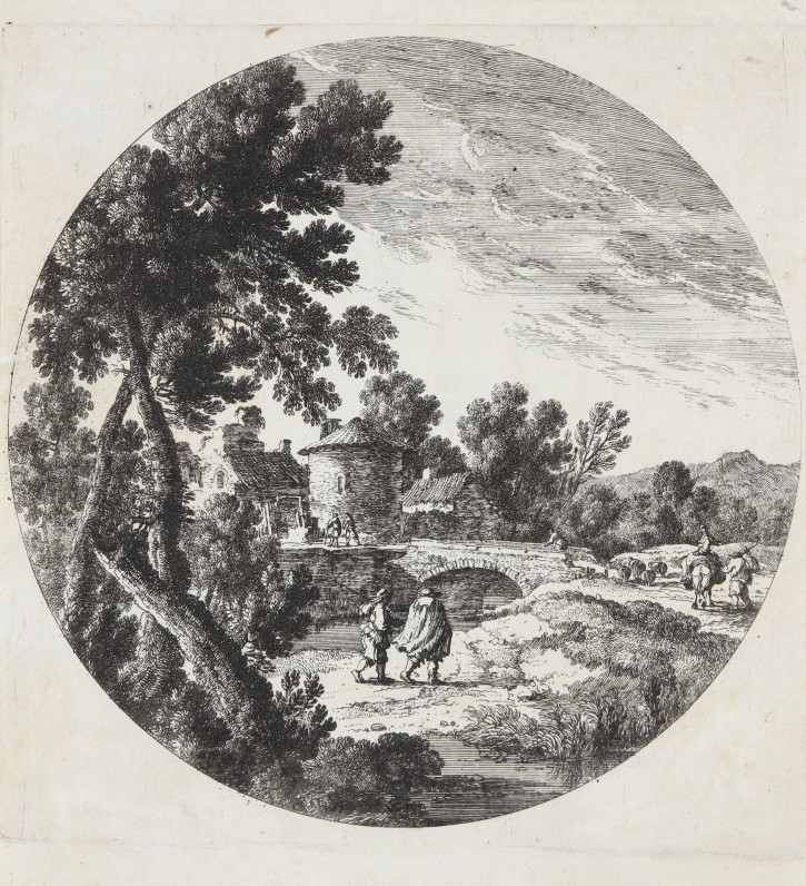 Paisaje de pueblo y puente con figuras. Pérelle, Gabriel (1604-1677) - Drevet, Pierre (1663-1738). Mediados siglo XVII. Precio: 250€