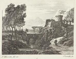 Landscape with waterfall and figure