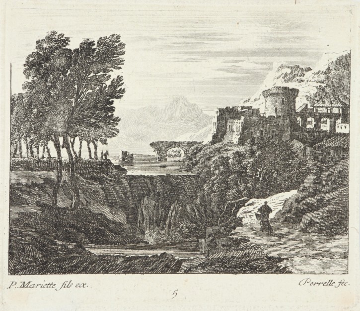 Landscape with waterfall and figure. Pérelle, Gabriel (1604-1677) - Mariette, Pierre (1603-1657). Half 17th century. Precio: 150€