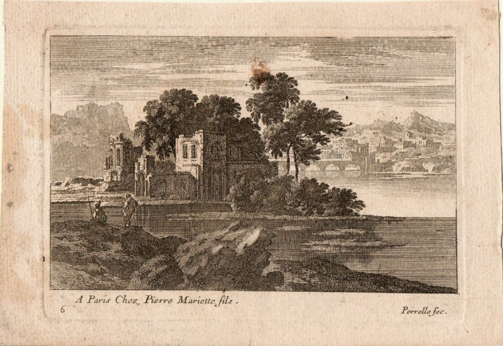 Paisaje de casa rodeada de agua y figuras. Pérelle, Gabriel - Mariette, Pierre. Mediados siglo XVII. Precio: 200€