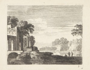 Landscape with ruins, figures and a village