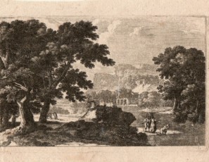 Paisaje con árboles, figuras y edificios