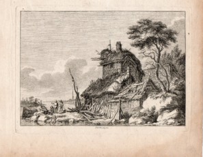 Landscape with figures and cabin near the river