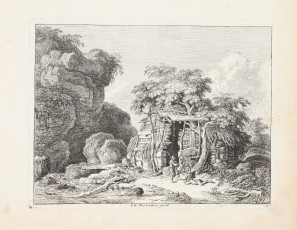 Landscape of a cabin with figures