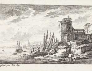 Fluvial landscape with figures and town