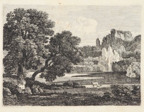 Landscape with deers and pond