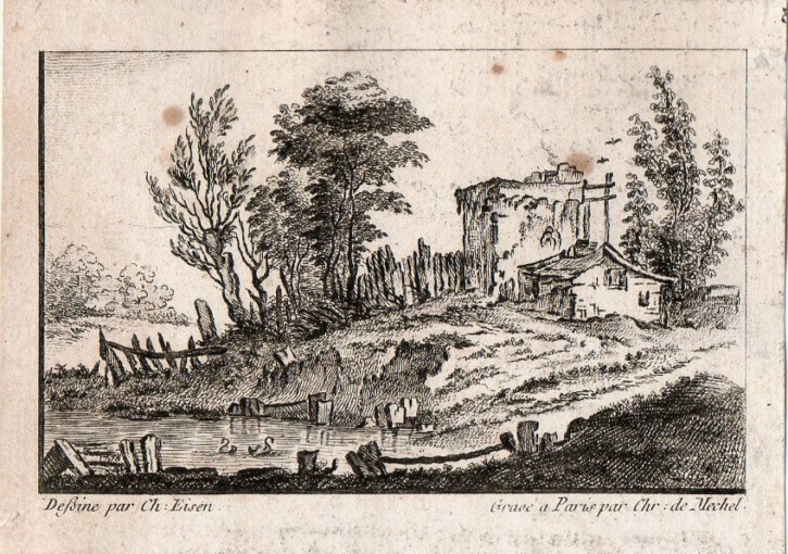Casas cerca el estanque. Eisen, Charles-Dominique-Joseph - Challe, Charles Michel-Ange. Circa 1758. Precio: 200€