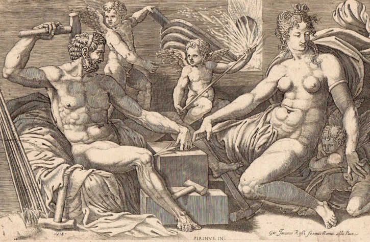 Venus y Vulcano en la forja. Ghisi, Giorgio Mantovano - Rossi, Giovanni Giacomo. Circa 1550. Precio: 900€