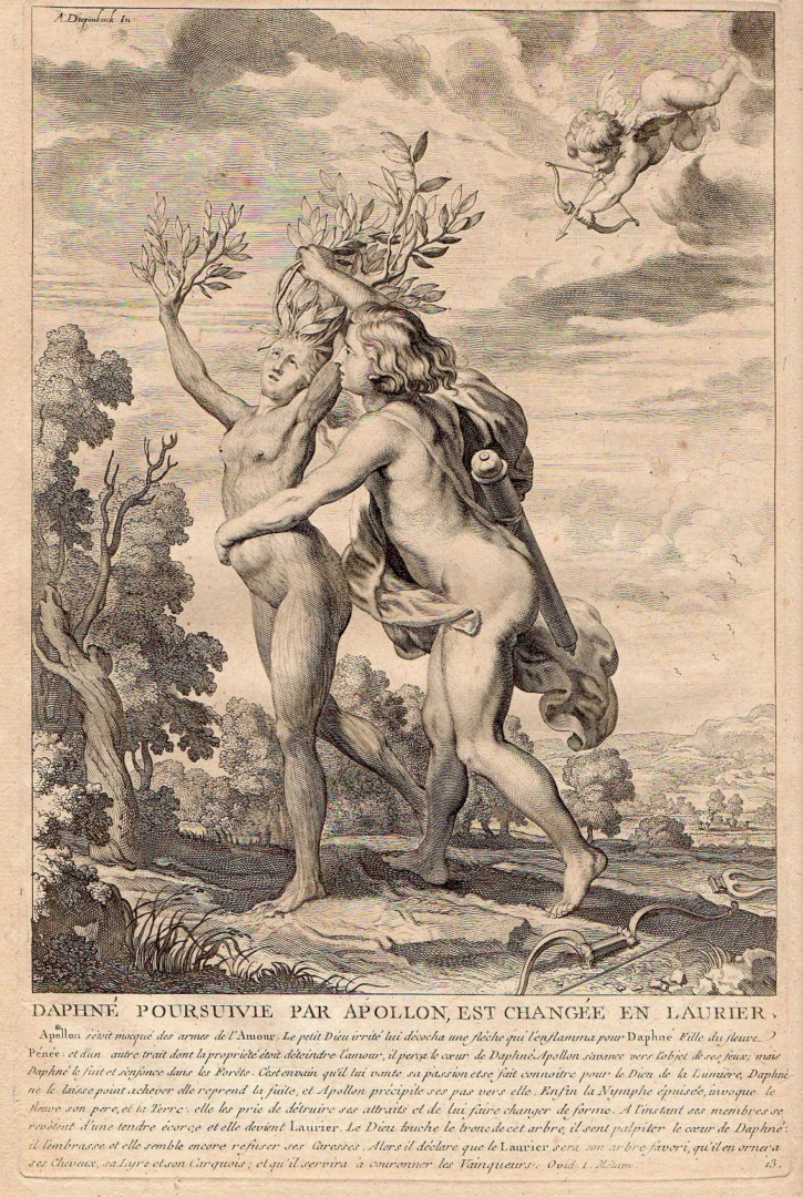 Dafne es perseguida por Apolo. Diepenbeeck, Abraham van. Edición siglo XVIII