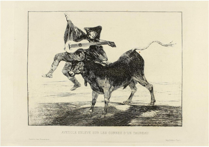 Aveugle enleve sur les cornes d'un taureau. Goya Lucientes, Francisco de - Calcografía Nacional. 1867. Primera edición. Precio: 1.200€
