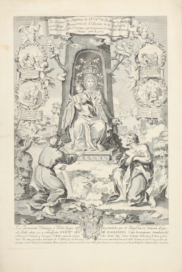 Los Anacoretas Domingo y Nuño llegan al sitio señalado por el Angel hacen oracion al pie del Roble, abrese este, y se manifiesta Nuestra Señora de Balbanera.. Giraldo y García, José (c. 1737-1789). 1775. Precio: 350€