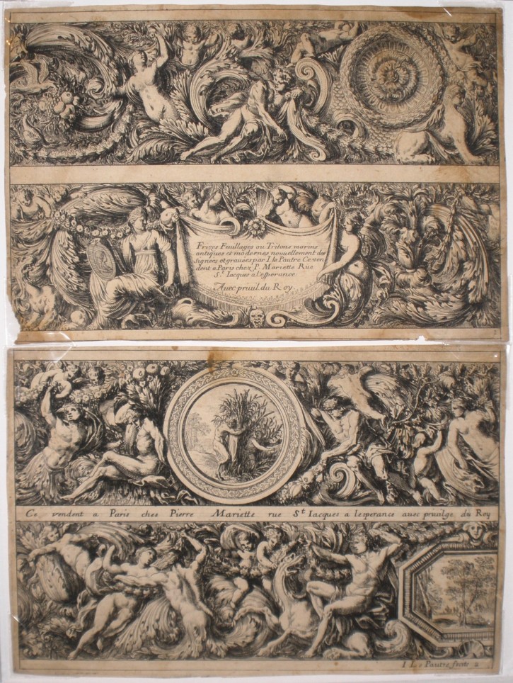 Lot of 6 prints with grotesque motifs. Lepautre, Jean - Mariette, Pierre. Half 17th century