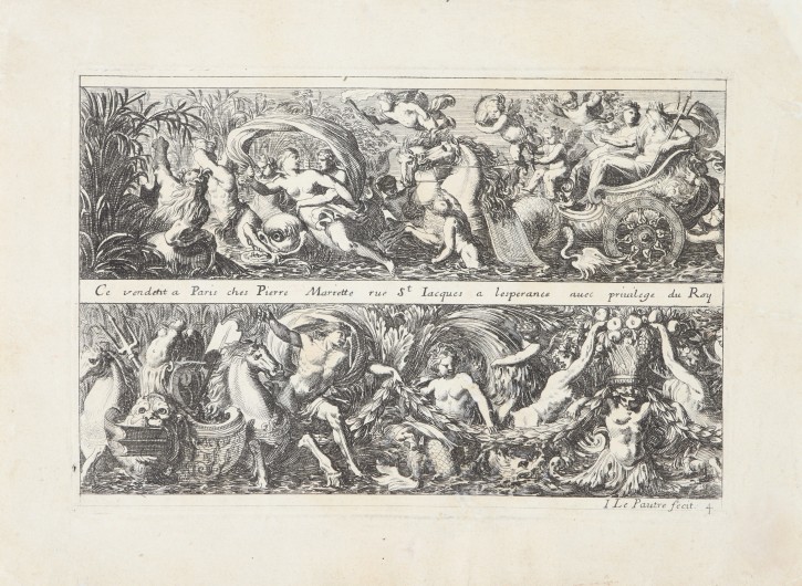 Lot of 6 prints with grotesque motifs. Lepautre, Jean (1618-1682) - Mariette, Pierre (1603-1657). Half 17th century