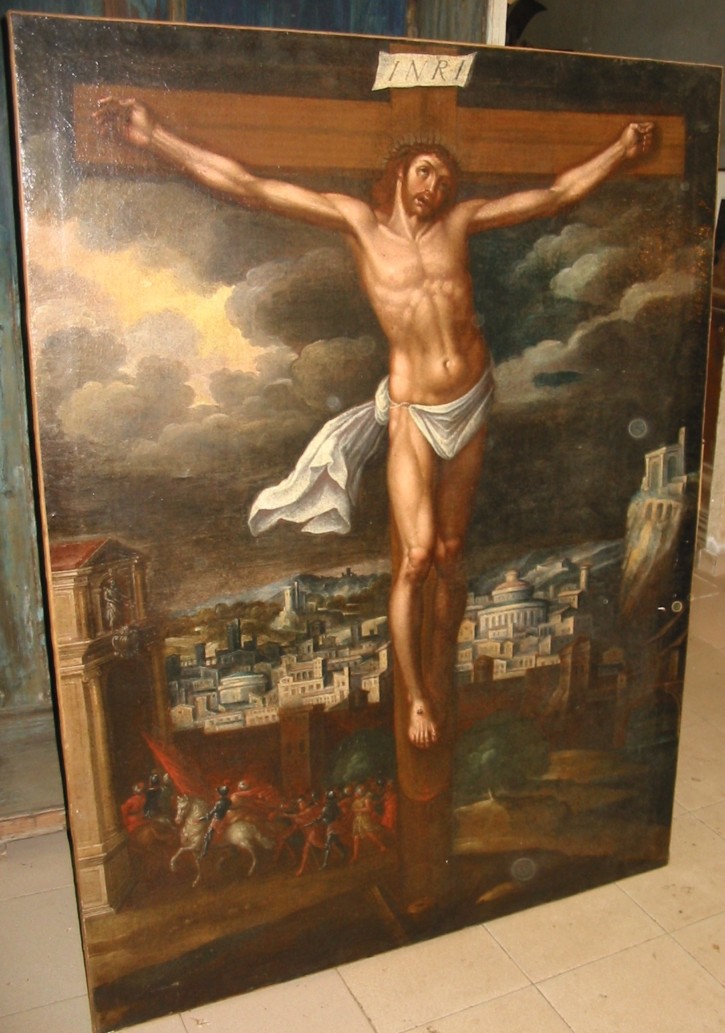 Cristo en la cruz con Jerusalén en fondo