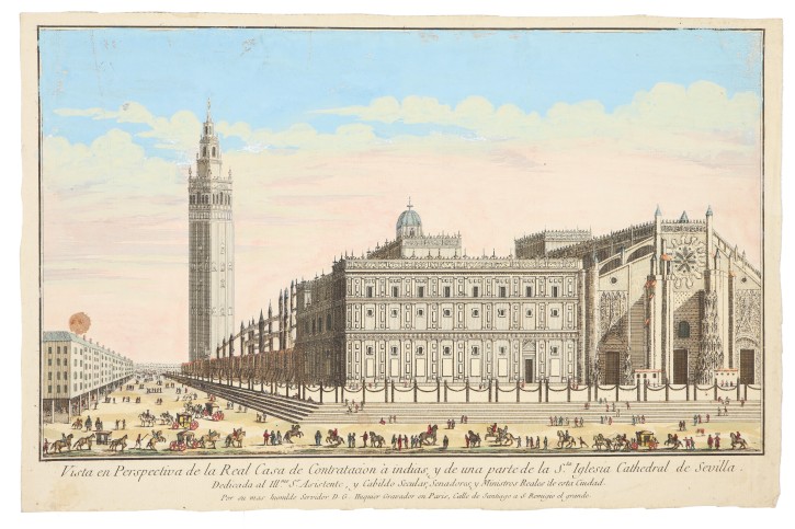 Perspective view of the Royal House of Contratacion of indies, and a part of the Cathedral of Seville. Huquier et fils, D. G.. Second half 18th century. Precio: 400€