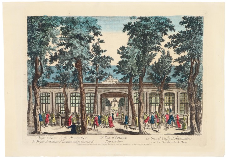 Vue d’Optique Representant le Grand Caffé d’Alexandre sur les Boulevards de Paris. Daumont y Basset. Segunda mitad siglo XVIII. Precio: 400€