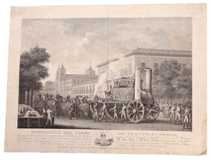 Perspectiva del Carro de Triunfo Fúnebre, visto por uno de los ángulos de su espalda, en que el Rl Cuerpo de Artillería condujo el dia 2 de Mayo de 1814 (sigue) os restos de sus dos Capitanes D. Luis Daoiz y D. Pedro Velarde (sigue). Ametller, Blas (1768-1841) - Rivelles, José (1778-1835). Circa 1815. Precio: 500€