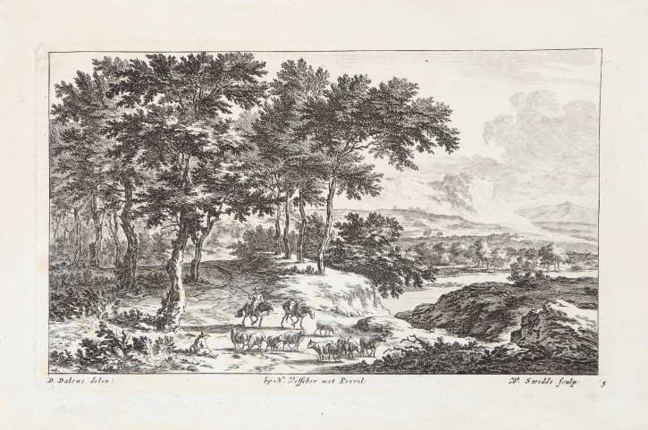 Paisaje rural con rebaño y pastores. Swidde, Willem (1660–1697) - Dalens, Dirk (1600-1676) - Visscher, Nicolaes (1618-1679). Mediados siglo XVII. Precio: 300€