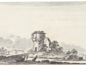 Mill with a bridge and a figure with a dog