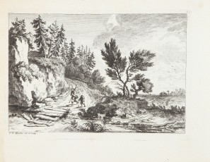 Figures crossing a river with a landscape