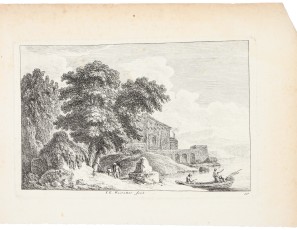 Boat with figures and village landscape