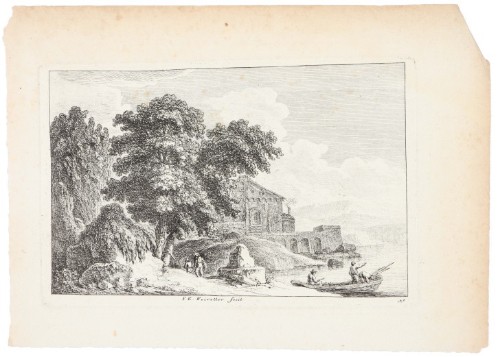 Boat with figures and village landscape. Weirotter, Franz Edmund (1730-1771). Half 18th century. Precio: 400€