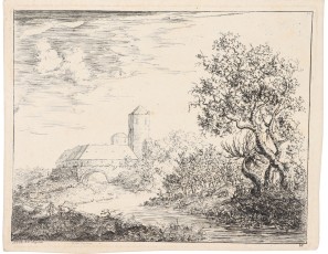 River landscape with town and figures