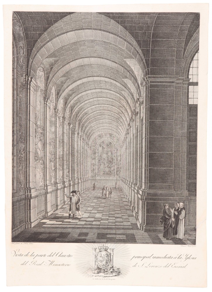 Vista del claustro del monasterio de San Lorenzo de El Escorial. Alegre, Manuel (1768-1816) - Gómez de Navía, José (1757-1812) - Calcografía Nacional. Circa 1800. Precio: 300€