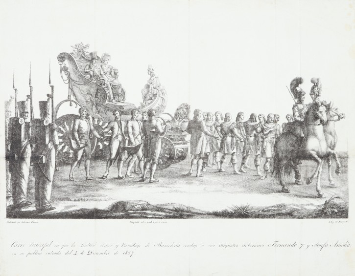 Carro triunfal en que la Lealtad, Amor y Vasallage de Barcelona condujo a sus Augustos Soberanos Fernando y Josefa Amalia, en su pública entrada del 4 de Diciembre de 1827. Monfort, Antoni - Ferran i Vallès, Adrià (1774-1842). 1828. Precio: 1.300€