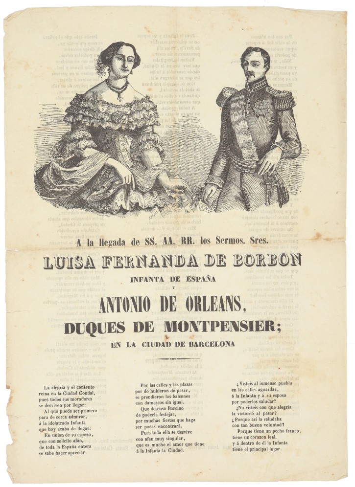 A la llegada de SS. AA. RR. los Sermos. Sres. Luisa Fernanda de Borbon Infanta de España y Antonio de Orleans, Duques de Montpensier; en la ciudad de Barcelona. Abadal Casalius, Joan (activo en Igualada y Barcelona entre 1840 y 1873) - Tauló, José. 1857. Precio: 150€