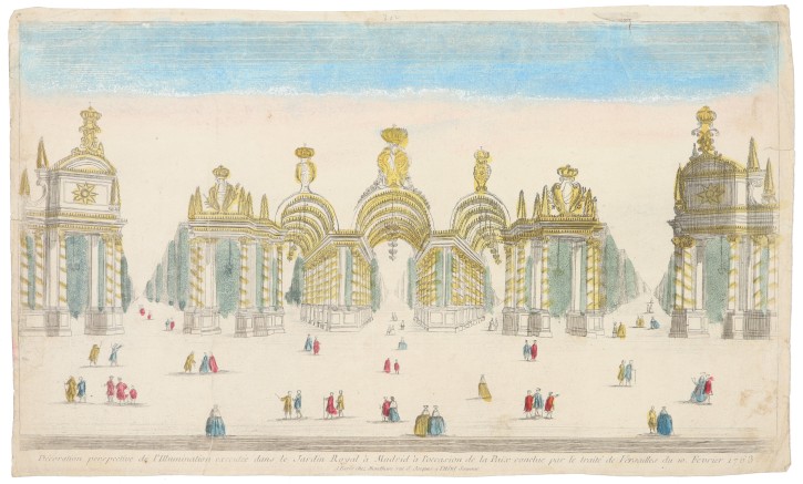 Décoration perspective de l’Illumination executé dins le Jardin Royal à Madrid à l’occasion de la Paix conclue par le traité de Versailles du 10 Fevrier 1763.. Mondhard, Louis Joseph (1734-1799). Circa 1763. Precio: 450€